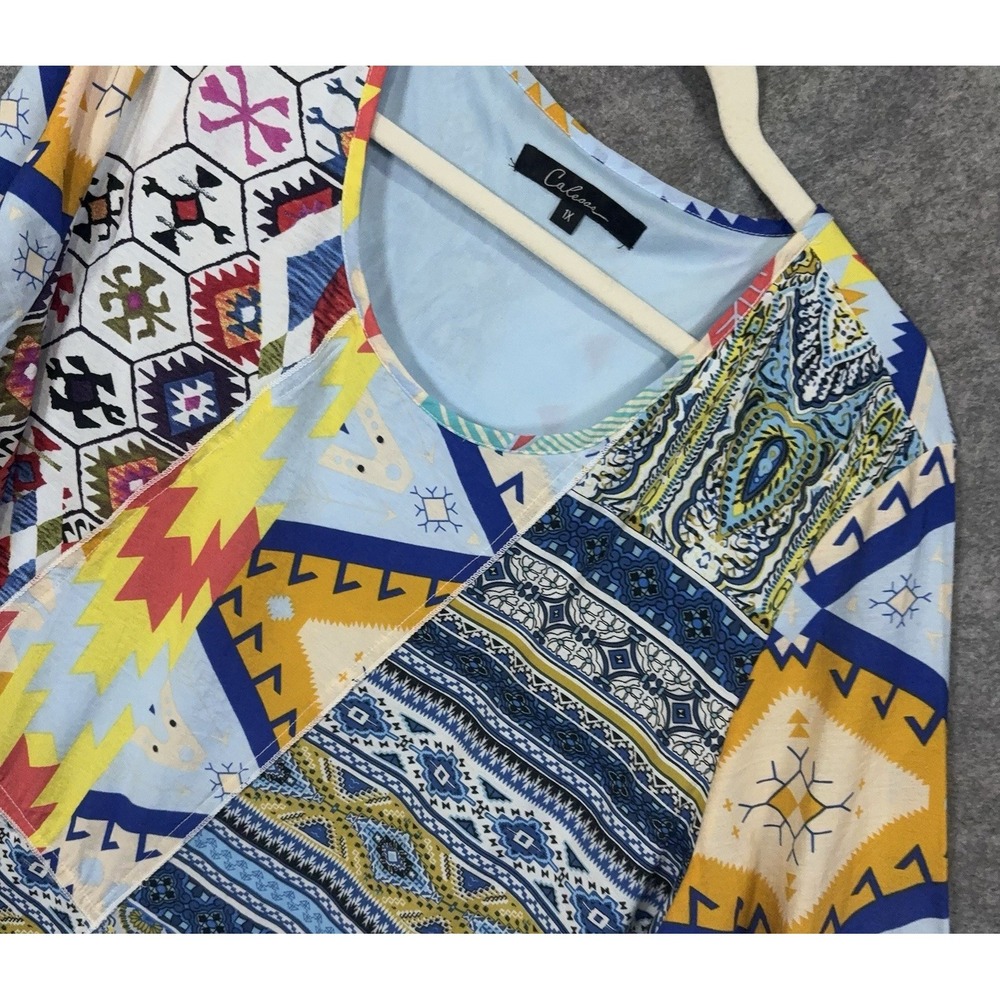 Calessa Blouse Tunic Womens 1X Multicolor Patchwork Lined Lightweight Stretch